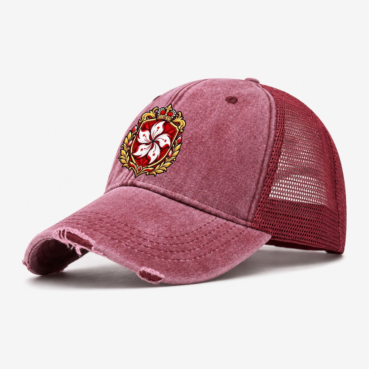 Hong Kong Heraldic Crest Country Logos Washed Trucker Hat – Wine Red