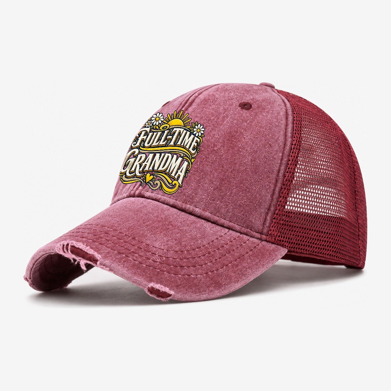 Full Time Grandma Retired Living Washed Trucker Hat – Wine Red