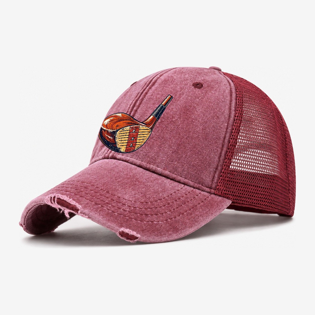 Vintage Club Head Golf Life Washed Trucker Hat – Wine Red