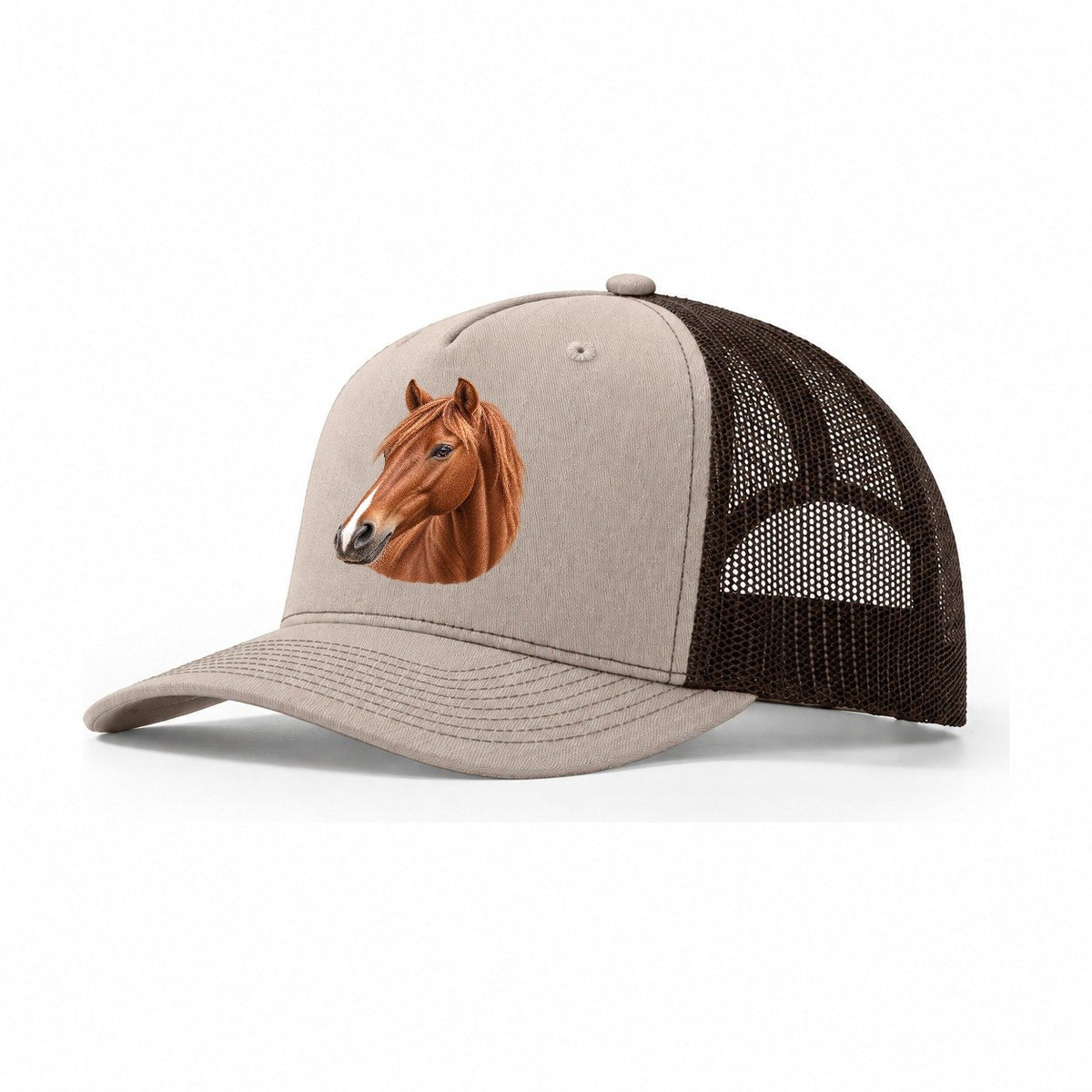 Chestnut Horse Gentle Muzzle Pastimes Companions Trucker Hat – Khaki Brown