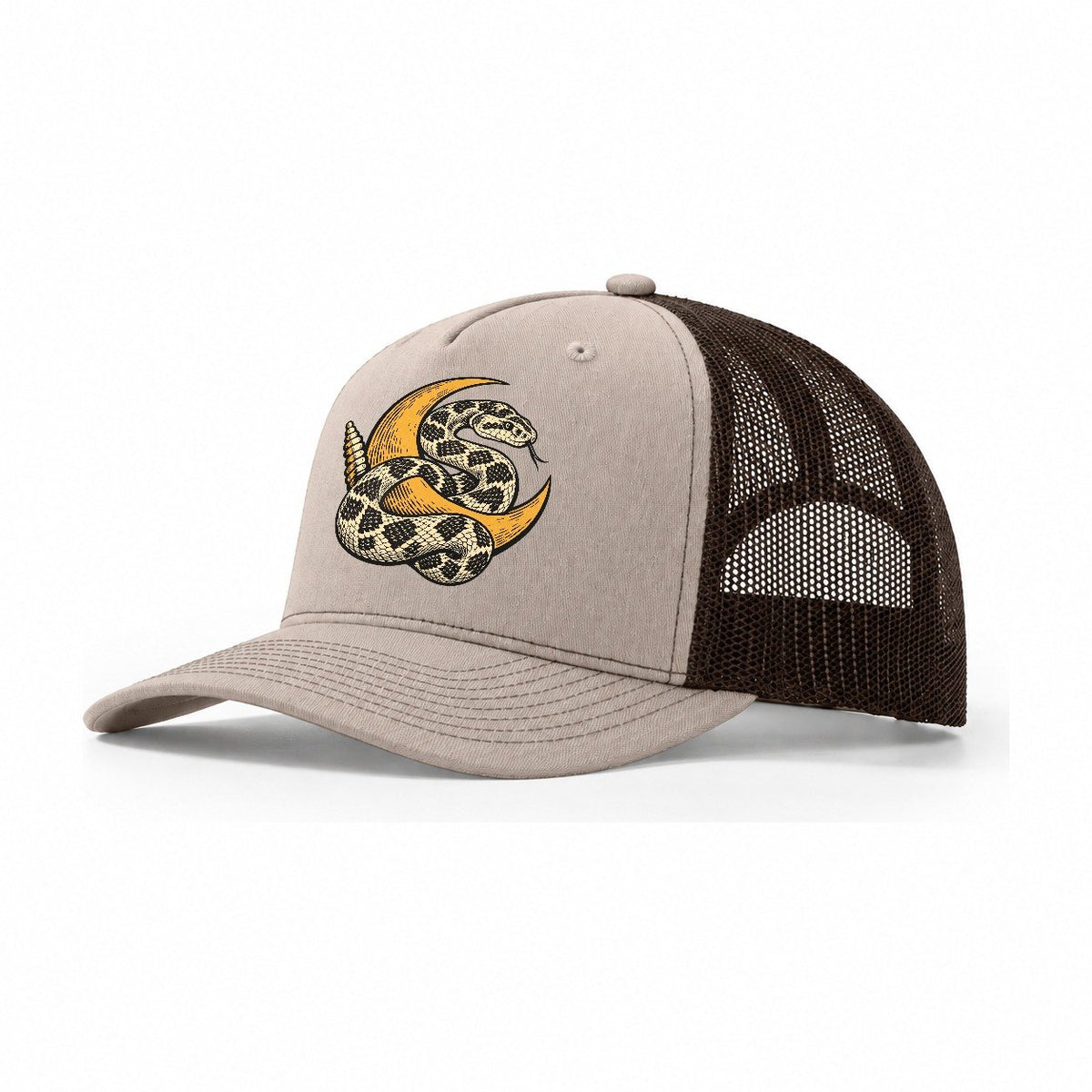 Rattlesnake Moon Coil Sundown Familiars Trucker Hat – Khaki Brown