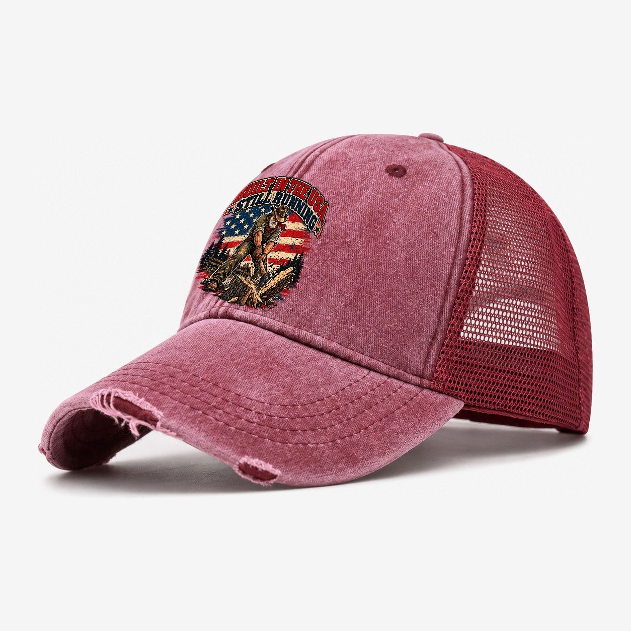 Built In The Usa Still Running Old Man Strong Washed Trucker Hat – Wine Red