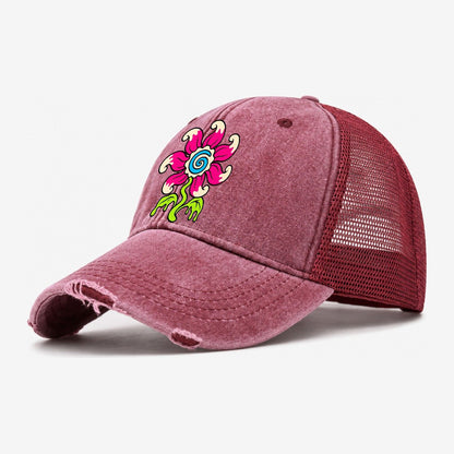Swirl Tongue Flower Crazy Styles Washed Trucker Hat – Wine Red
