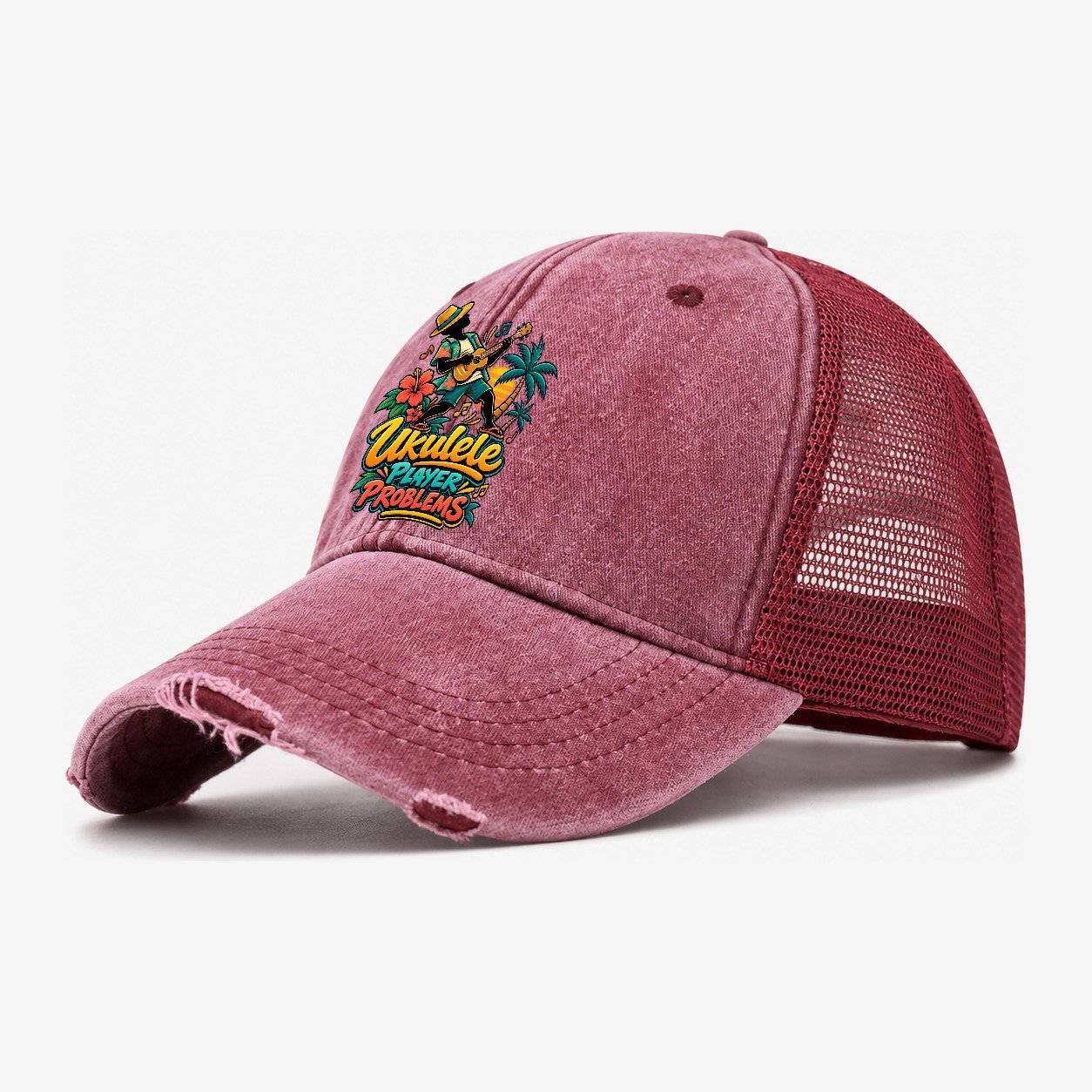 Ukulele Player Problems Music Instruments Washed Trucker Hat – Wine Red