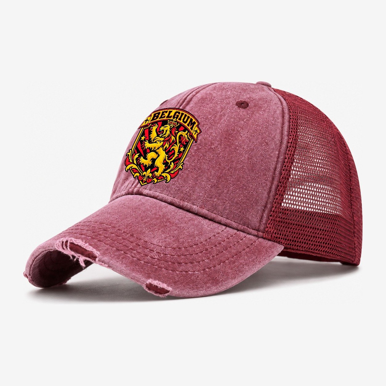 Belgium Retro Badge Country Logos Washed Trucker Hat – Wine Red