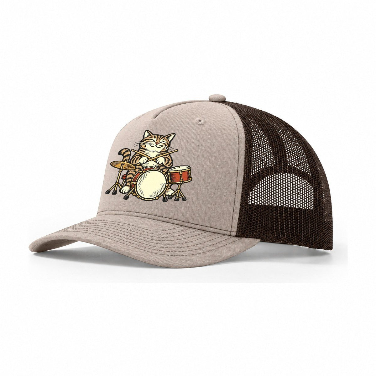 Tabby Jazz Drummer Sundown Familiars Trucker Hat – Khaki Brown