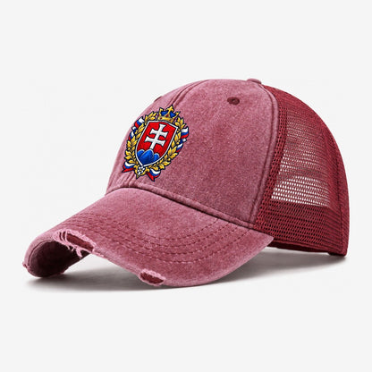 Slovakia Heraldic Crest Country Logos Washed Trucker Hat – Wine Red