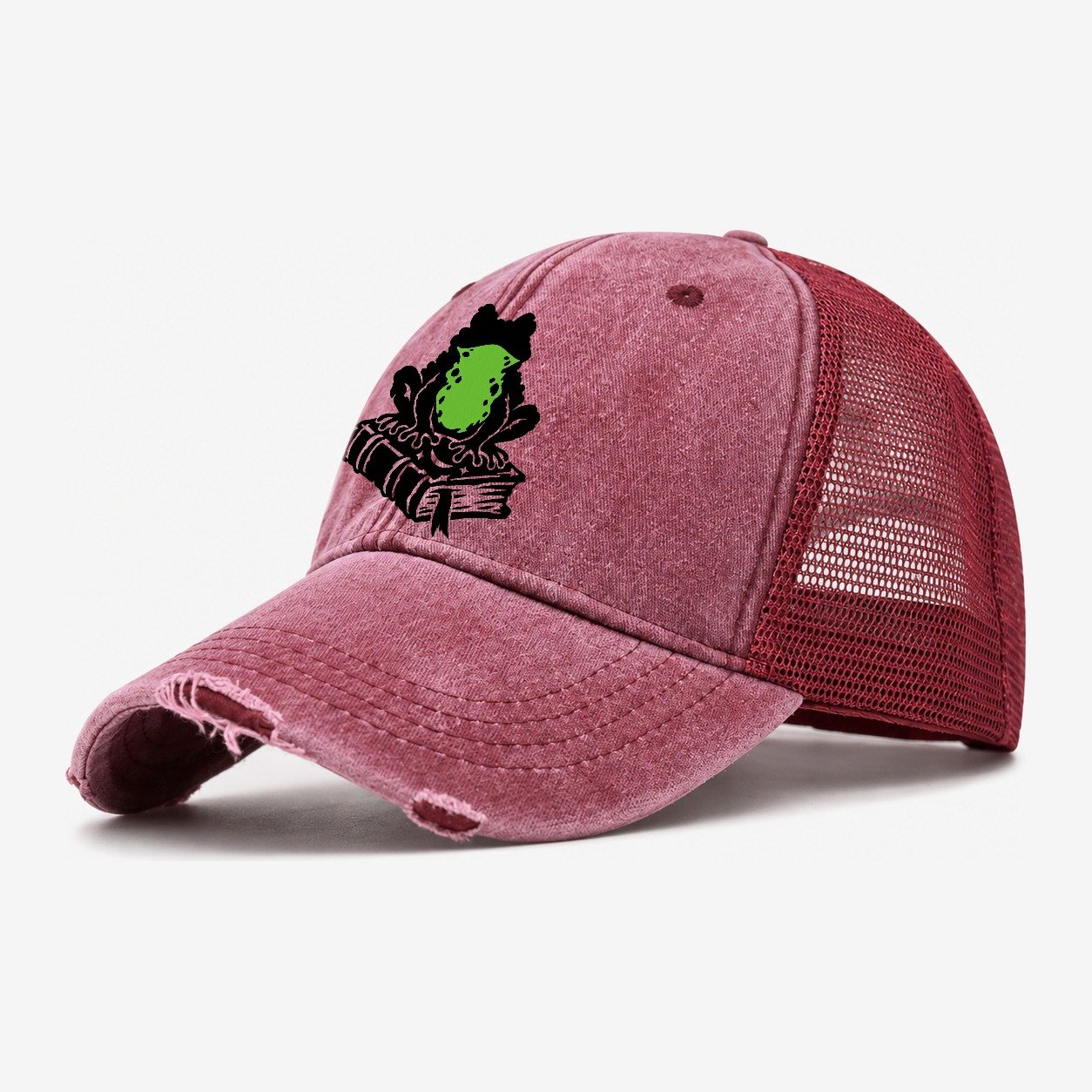 Familiar Toad On A Spellbook Witch Magic Washed Trucker Hat – Wine Red