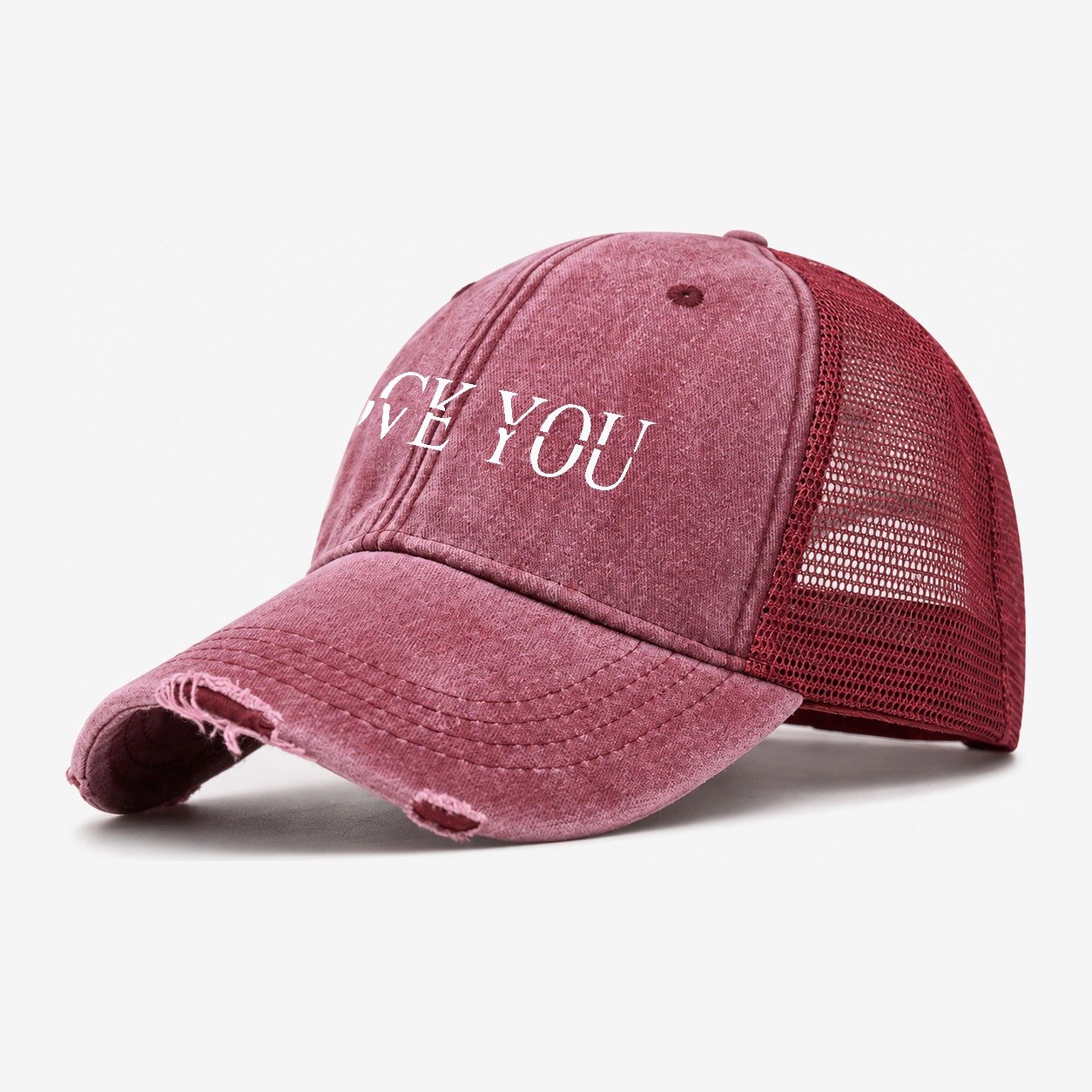 Fuck:love You Washed Trucker Hat – Wine Red