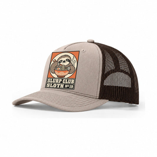 Sloth Slow Slurp Club Trucker Hat – Khaki Brown