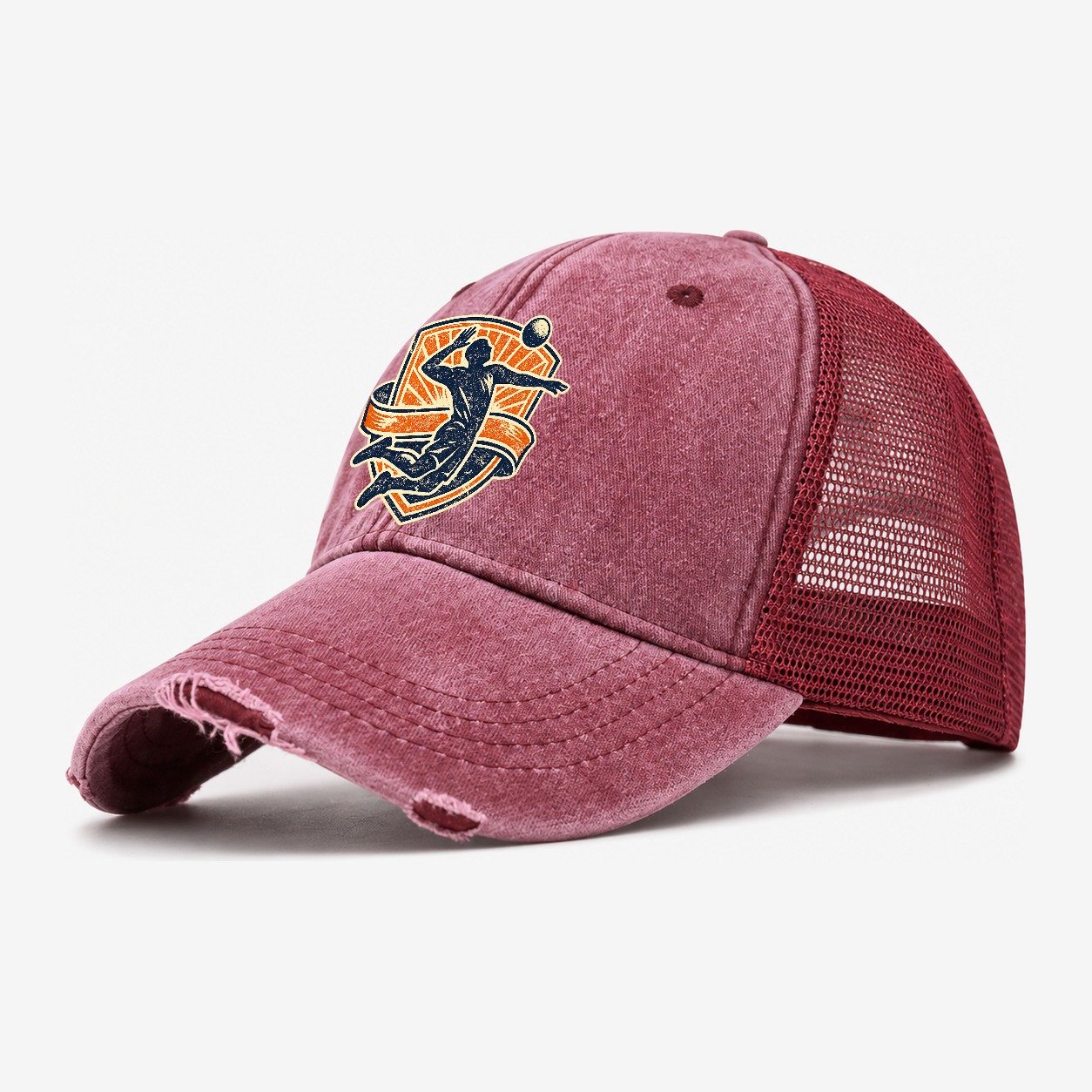 Retro Volleyball Spike Crest Washed Trucker Hat – Wine Red