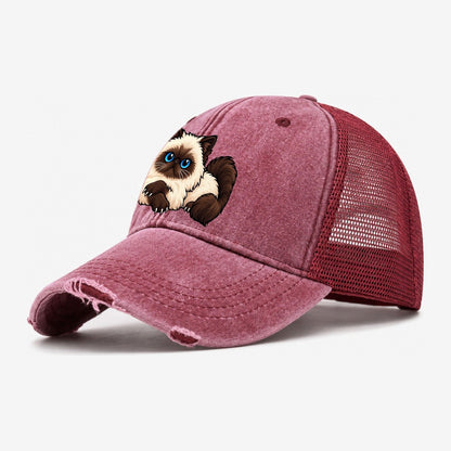 Himalayan Lounging Peeking Cats Washed Trucker Hat – Wine Red