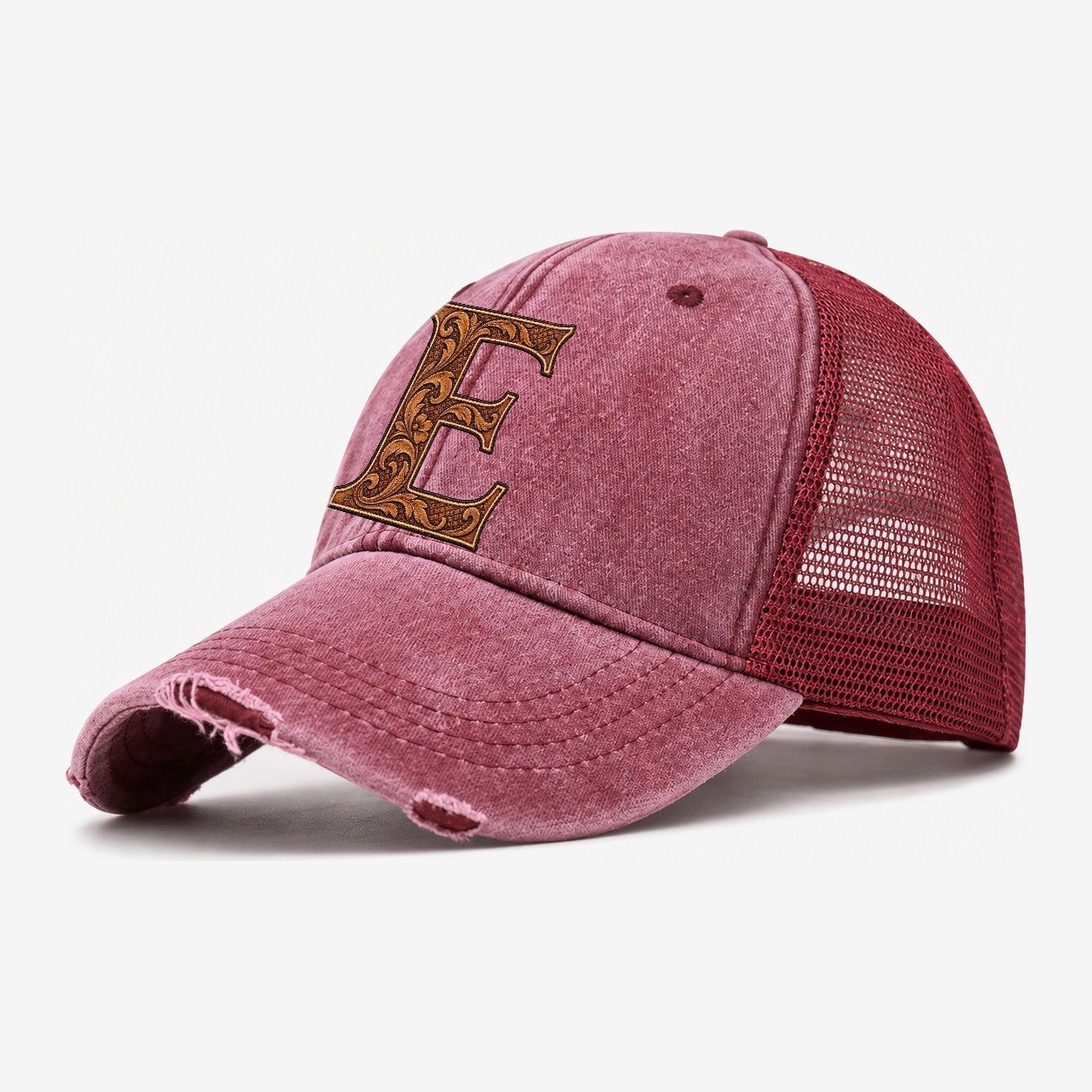 Tooled Leather E Monogram Washed Trucker Hat – Wine Red