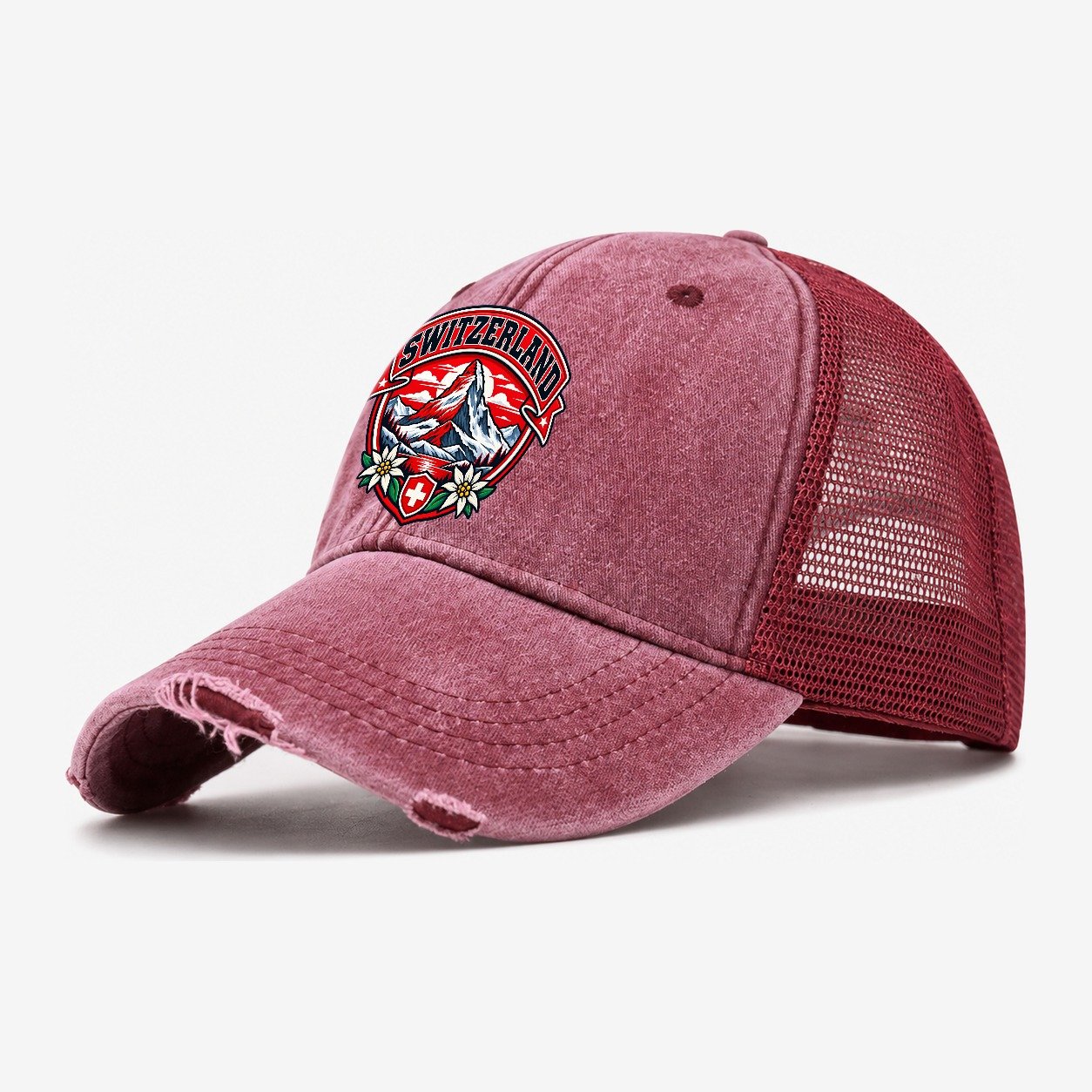 Switzerland Retro Badge Country Logos Washed Trucker Hat – Wine Red