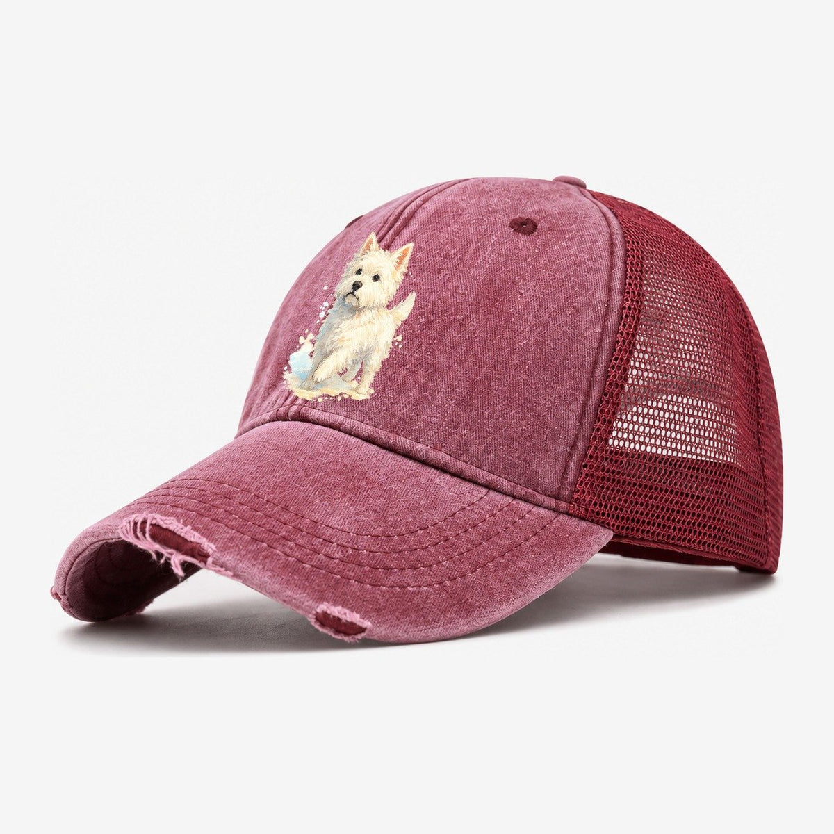 Westie Watercolor Portrait Washed Trucker Hat – Wine Red