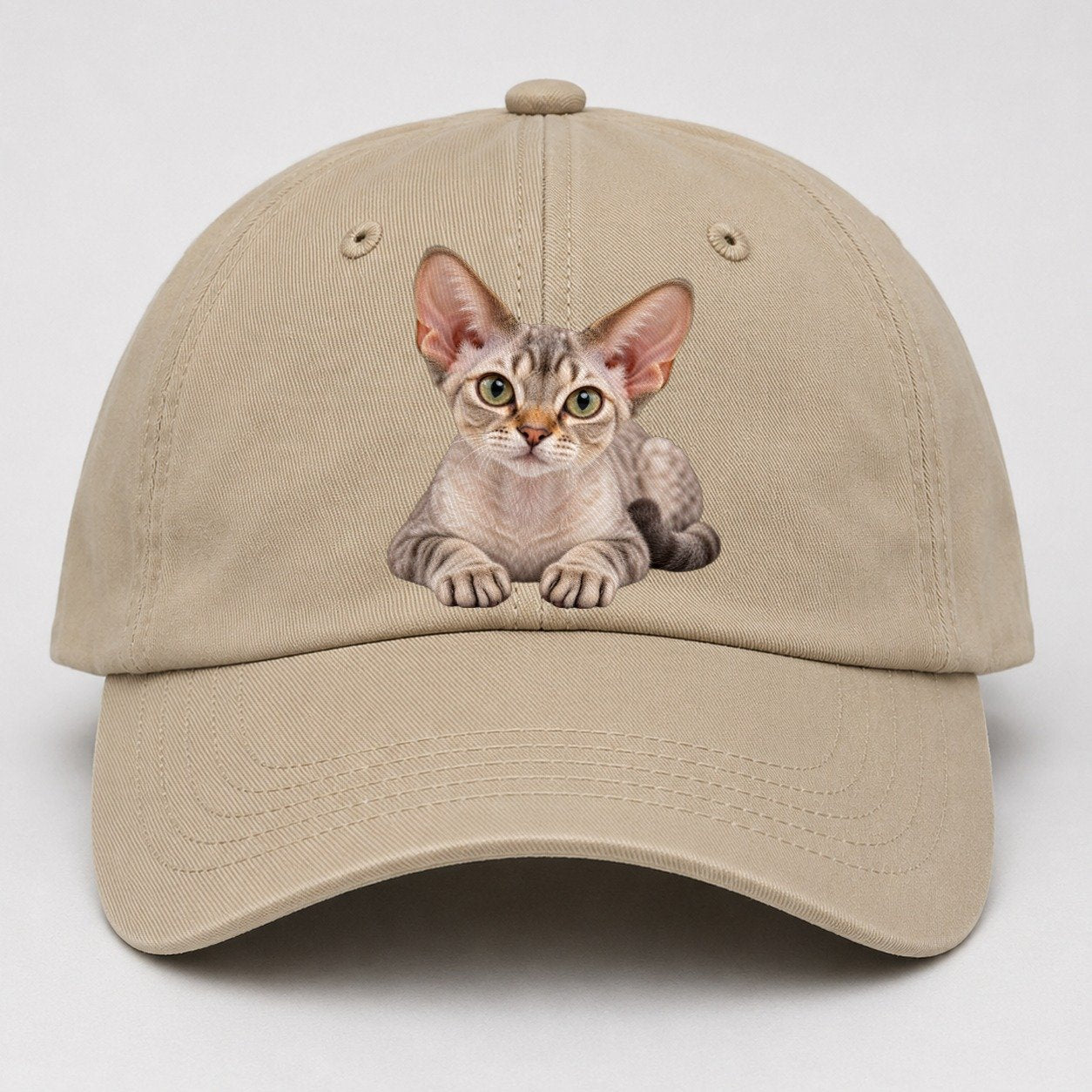 Devon Rex Reclining Paws Forward Realistic Cat Portrait Baseball Cap – Khaki