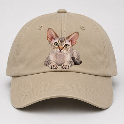 Devon Rex Reclining Paws Forward Realistic Cat Portrait Baseball Cap – Khaki