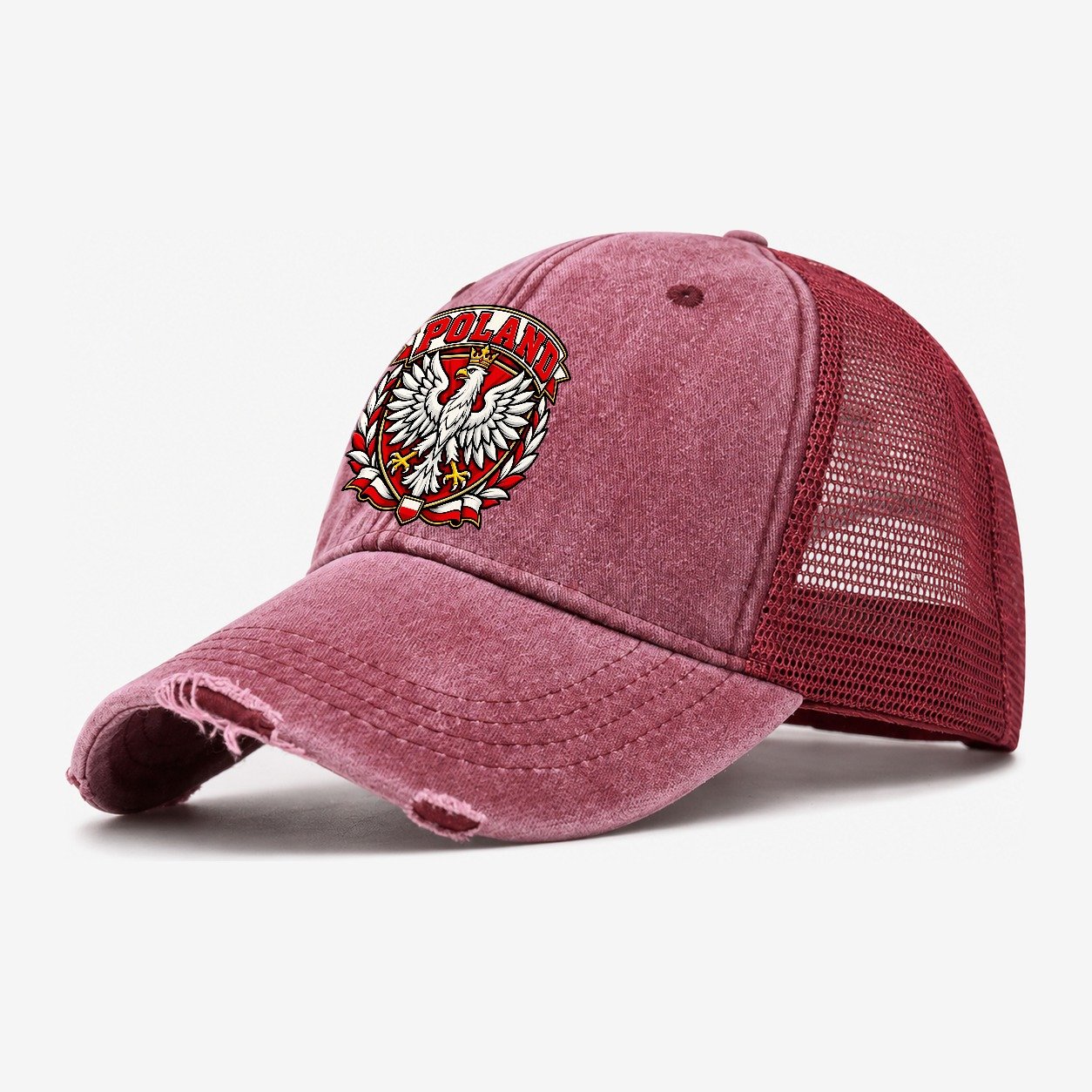 Poland Retro Badge Country Logos Washed Trucker Hat – Wine Red