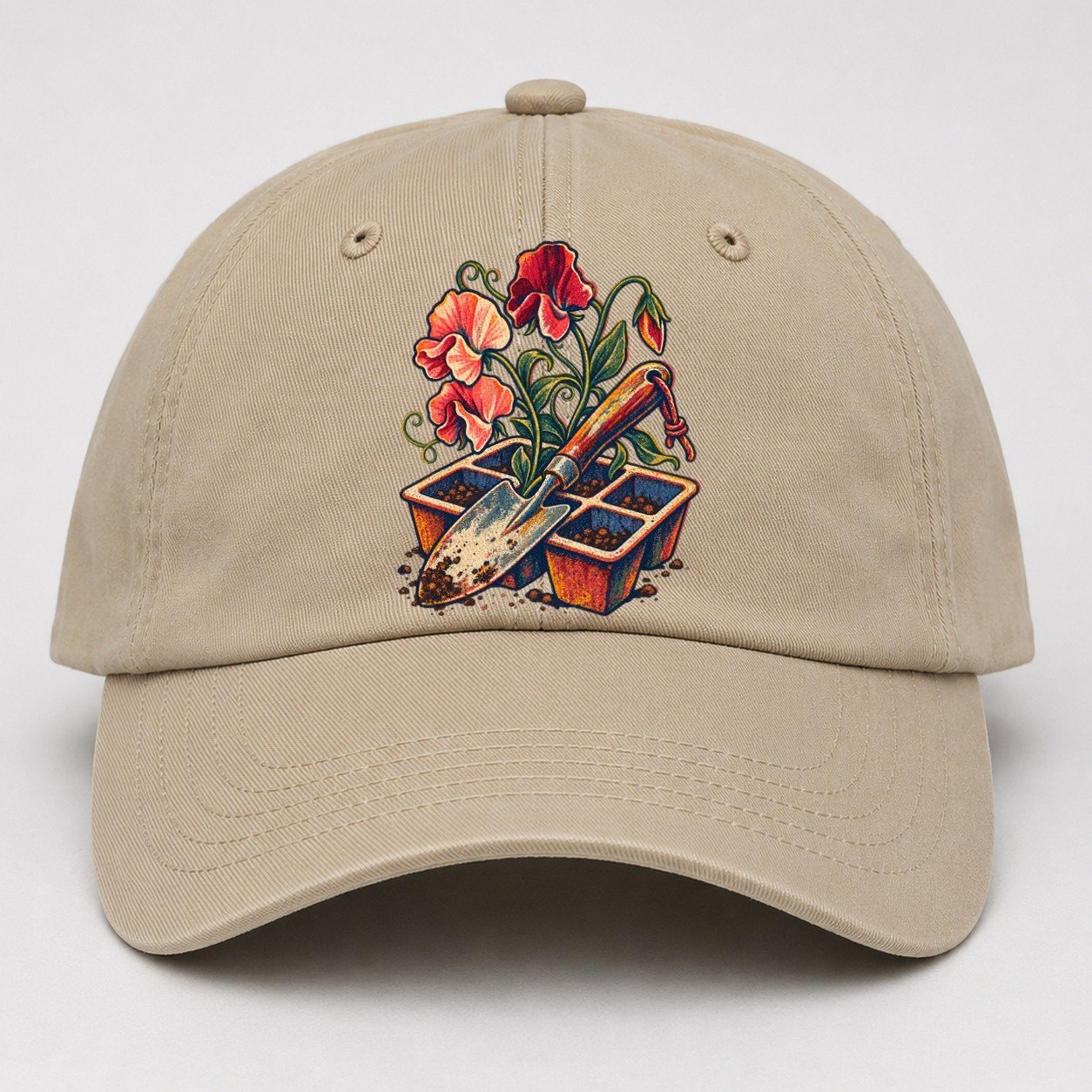 Garden Trowel Seed Tray And Sweet Peas Uk Culture Heritage Baseball Cap – Khaki