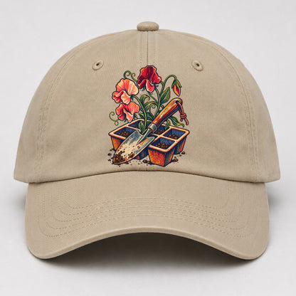 Garden Trowel Seed Tray And Sweet Peas Uk Culture Heritage Baseball Cap – Khaki