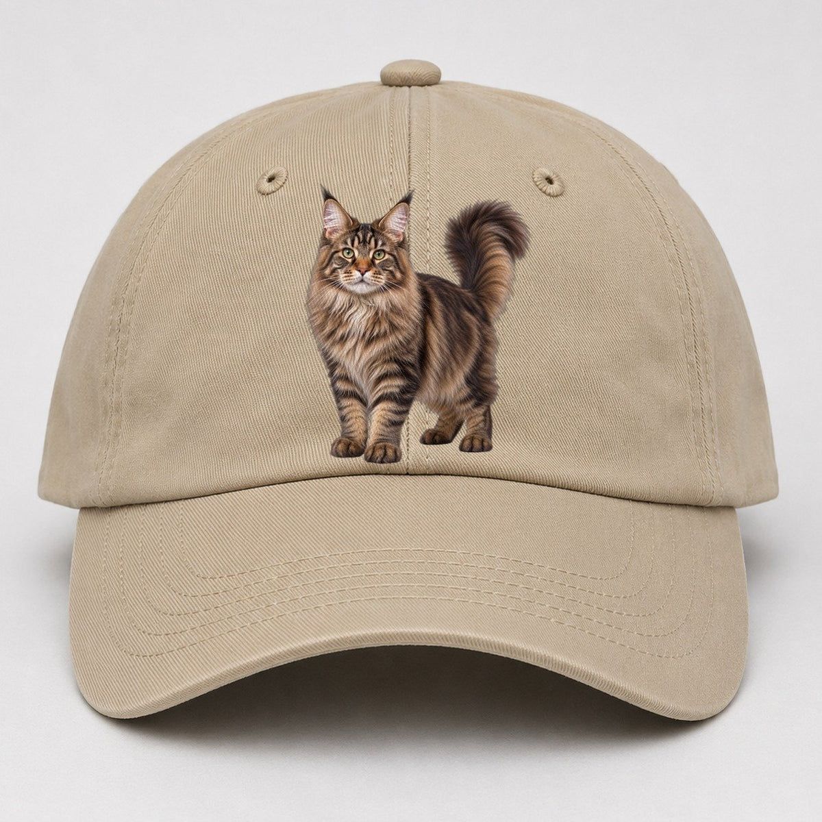 Maine Coon Standing Three Quarter Realistic Cat Portrait Baseball Cap – Khaki