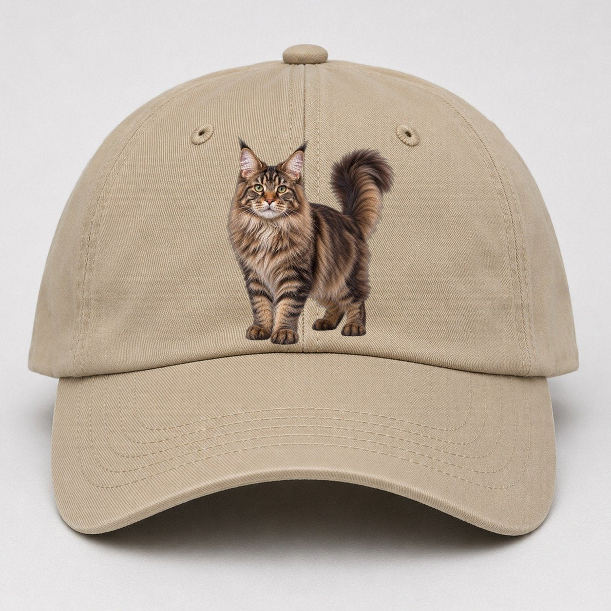 Maine Coon Standing Three Quarter Realistic Cat Portrait Baseball Cap – Khaki