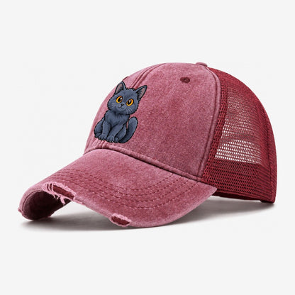 Chartreux Smiling Sit Peeking Cats Washed Trucker Hat – Wine Red
