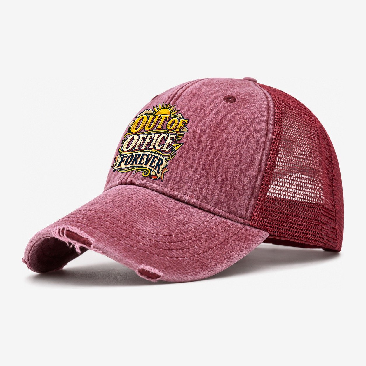 Out Of Office Forever Retired Living Washed Trucker Hat – Wine Red