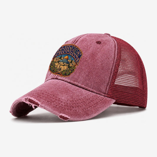 Varsity Arc Jerusalem Lettering Jerusalem Washed Trucker Hat – Wine Red