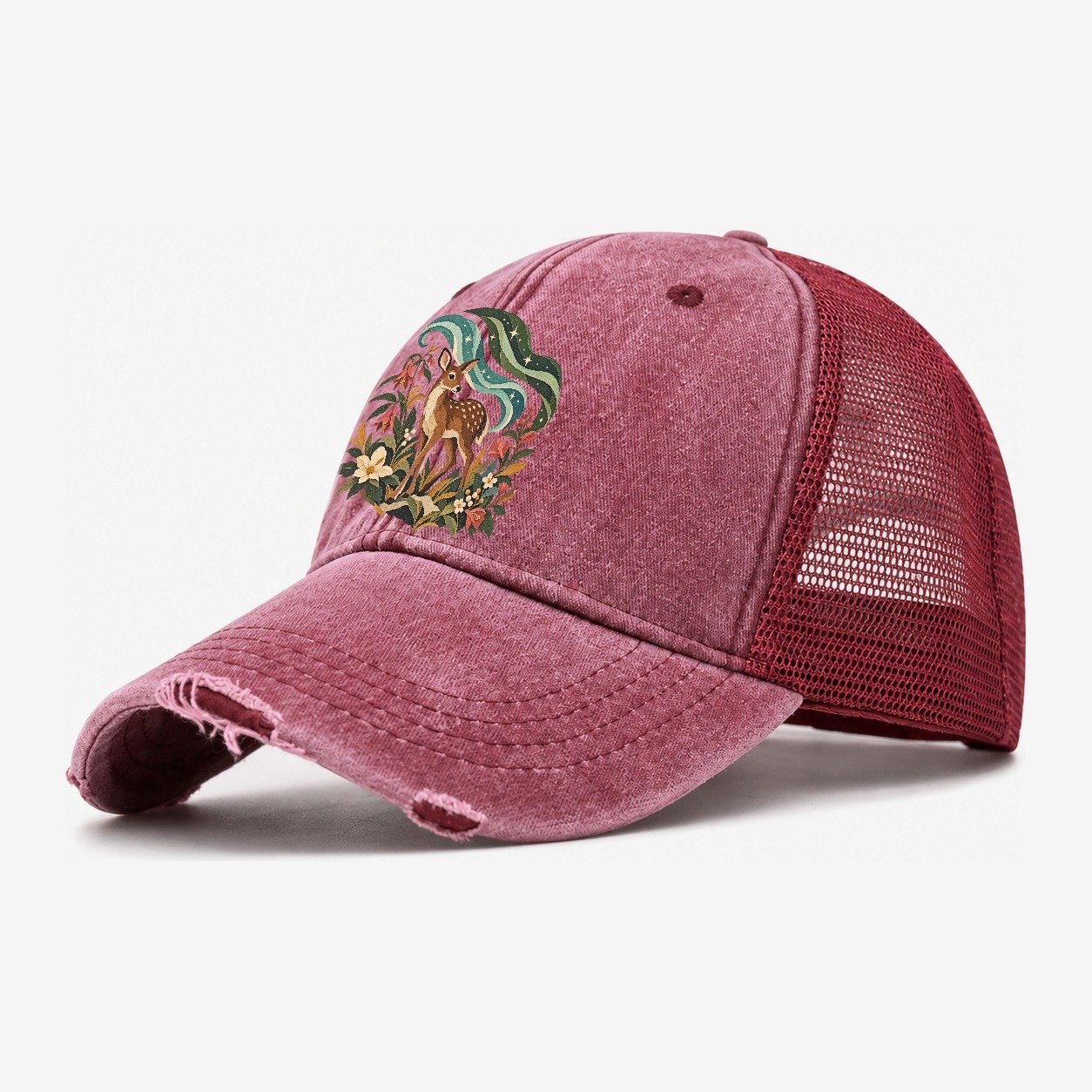 Deer Aurora Shelter Gentle Wild Washed Trucker Hat – Wine Red