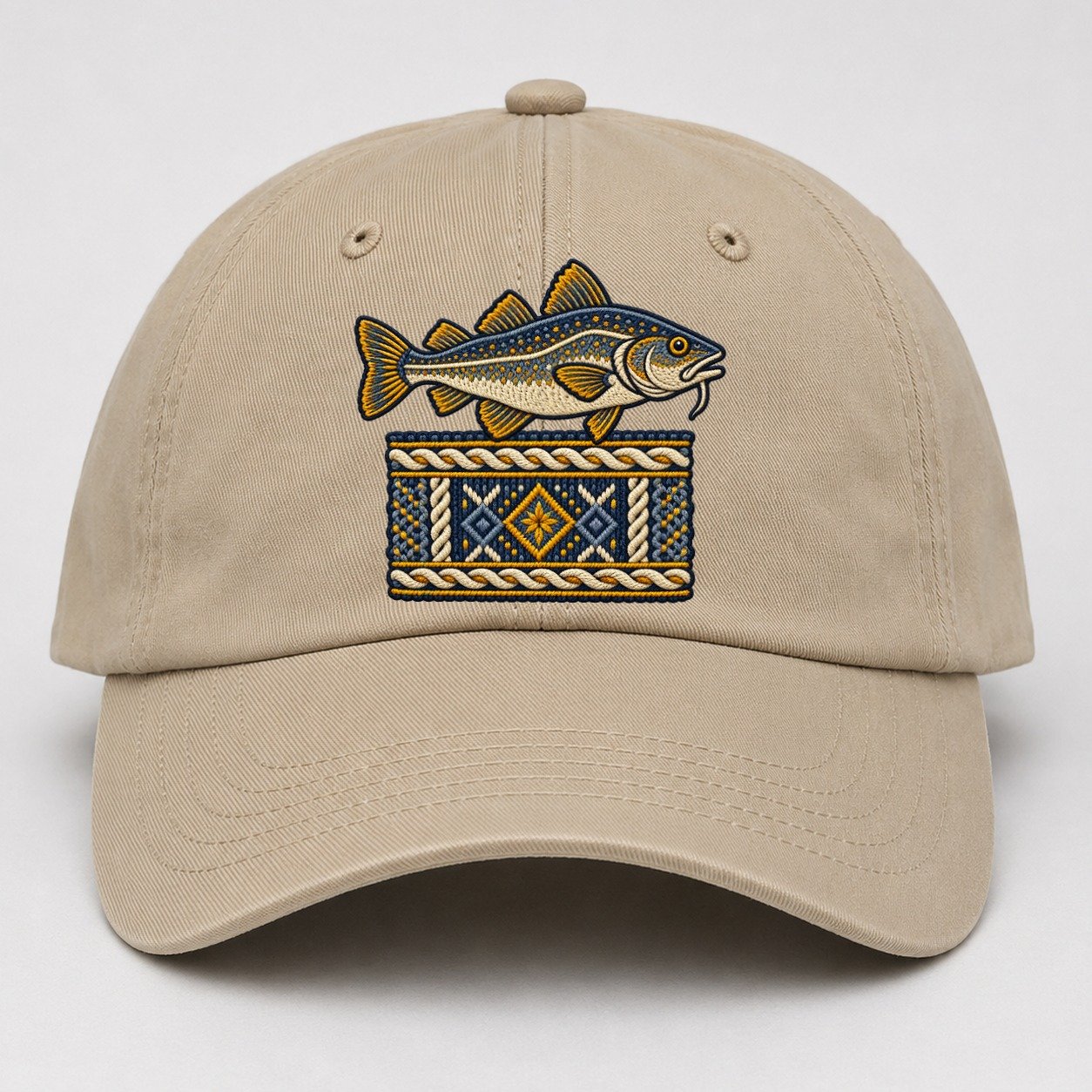 Fisherman S Gansey Knit And Cod Uk Culture Heritage Baseball Cap – Khaki