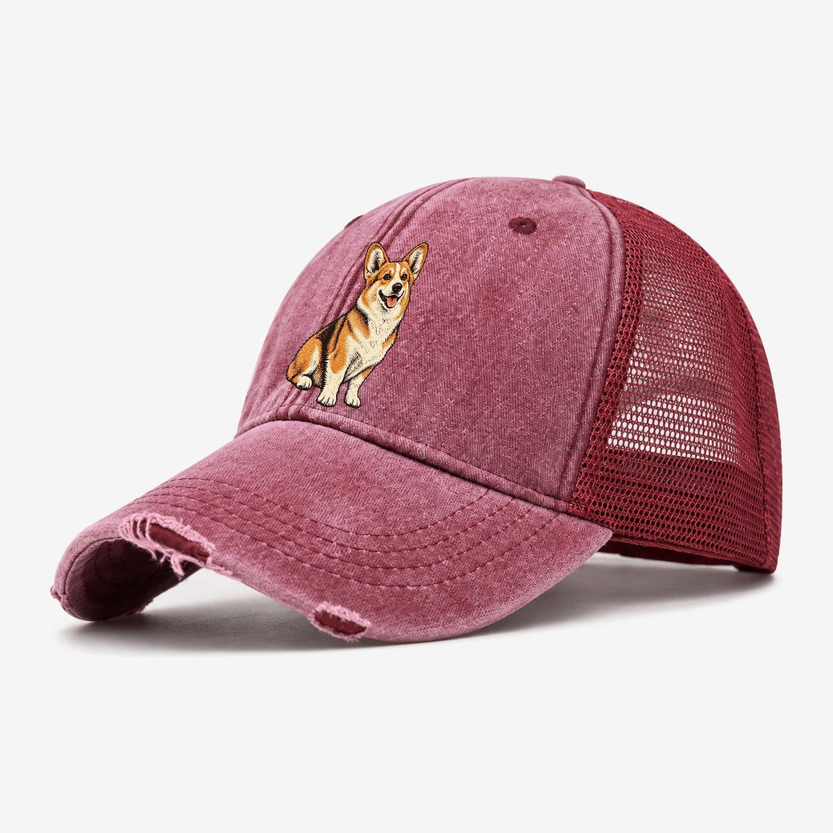 Happy Corgi Washed Trucker Hat – Wine Red