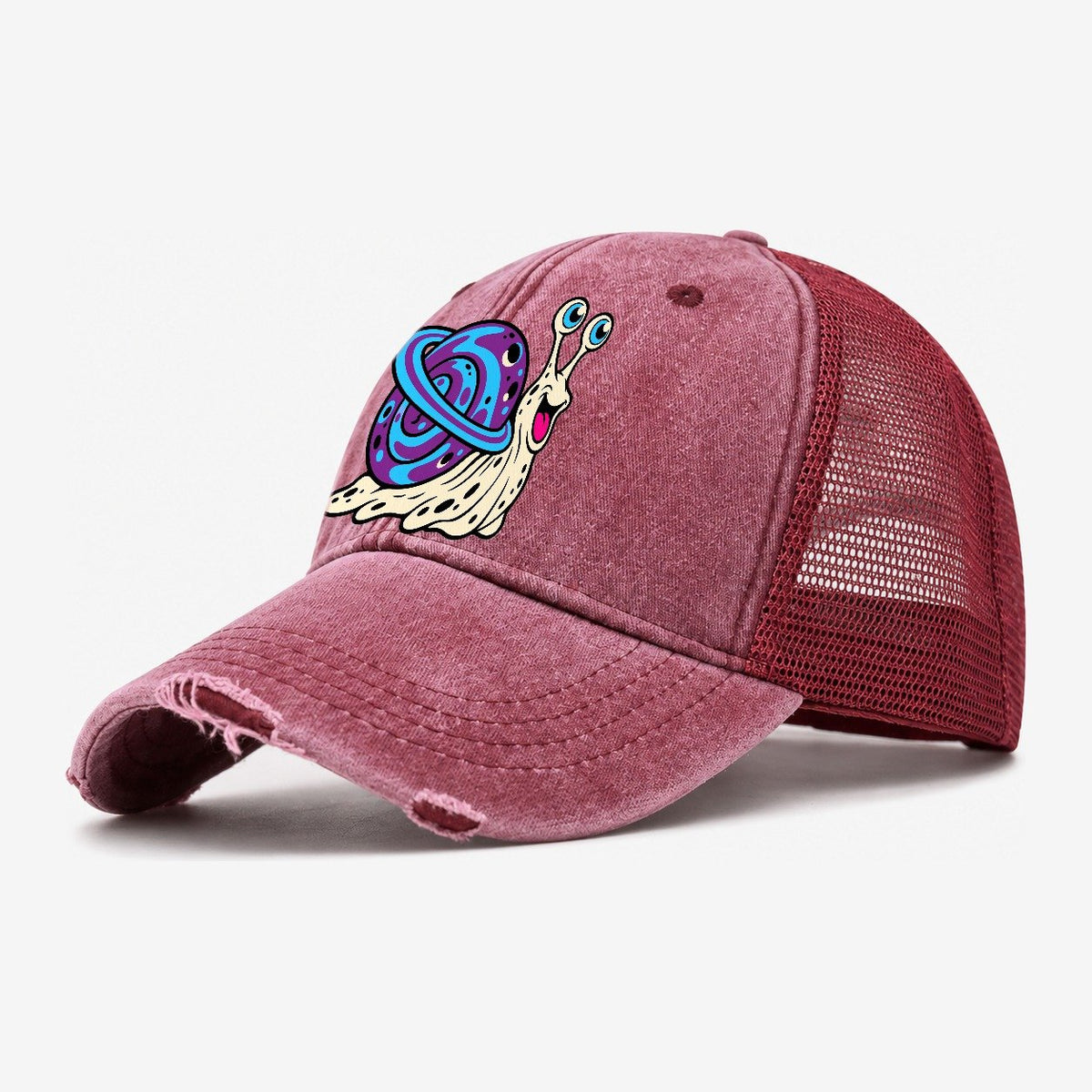Snail Shell Planet Crazy Styles Washed Trucker Hat – Wine Red