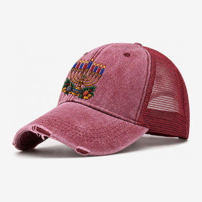 Hanukkah Menorah Cozy Judaism Heritage Washed Trucker Hat – Wine Red