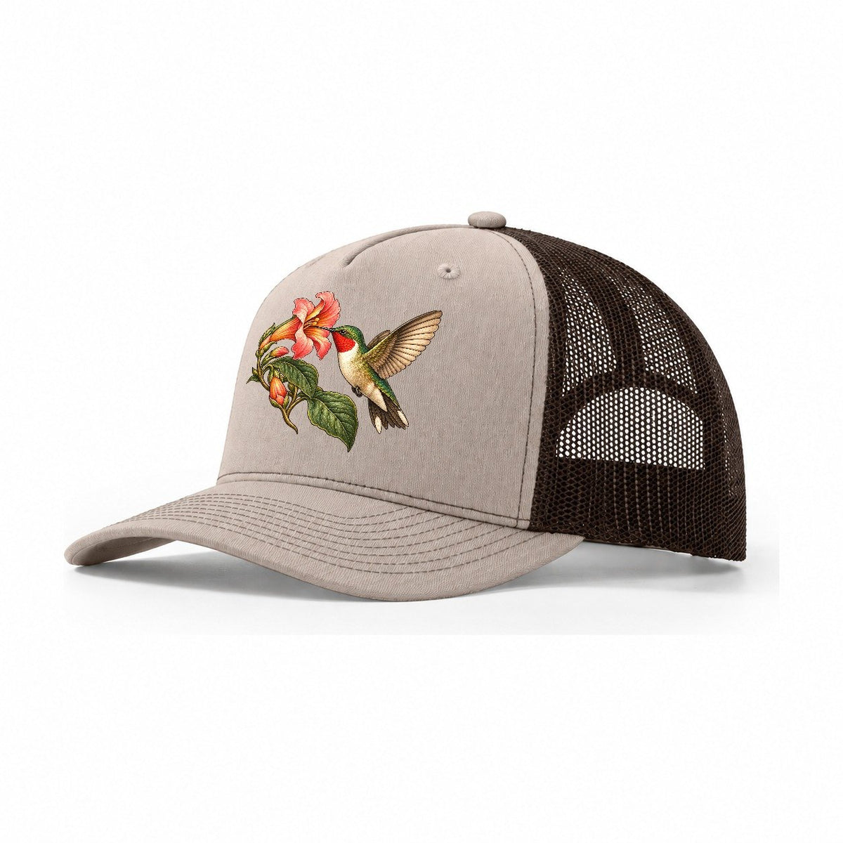 Hummingbird Trumpet Blossom Character Club Trucker Hat – Khaki Brown