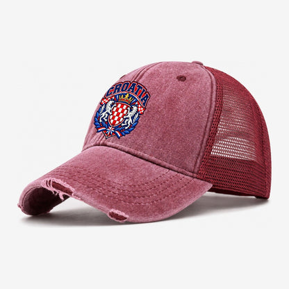 Croatia Retro Badge Country Logos Washed Trucker Hat – Wine Red