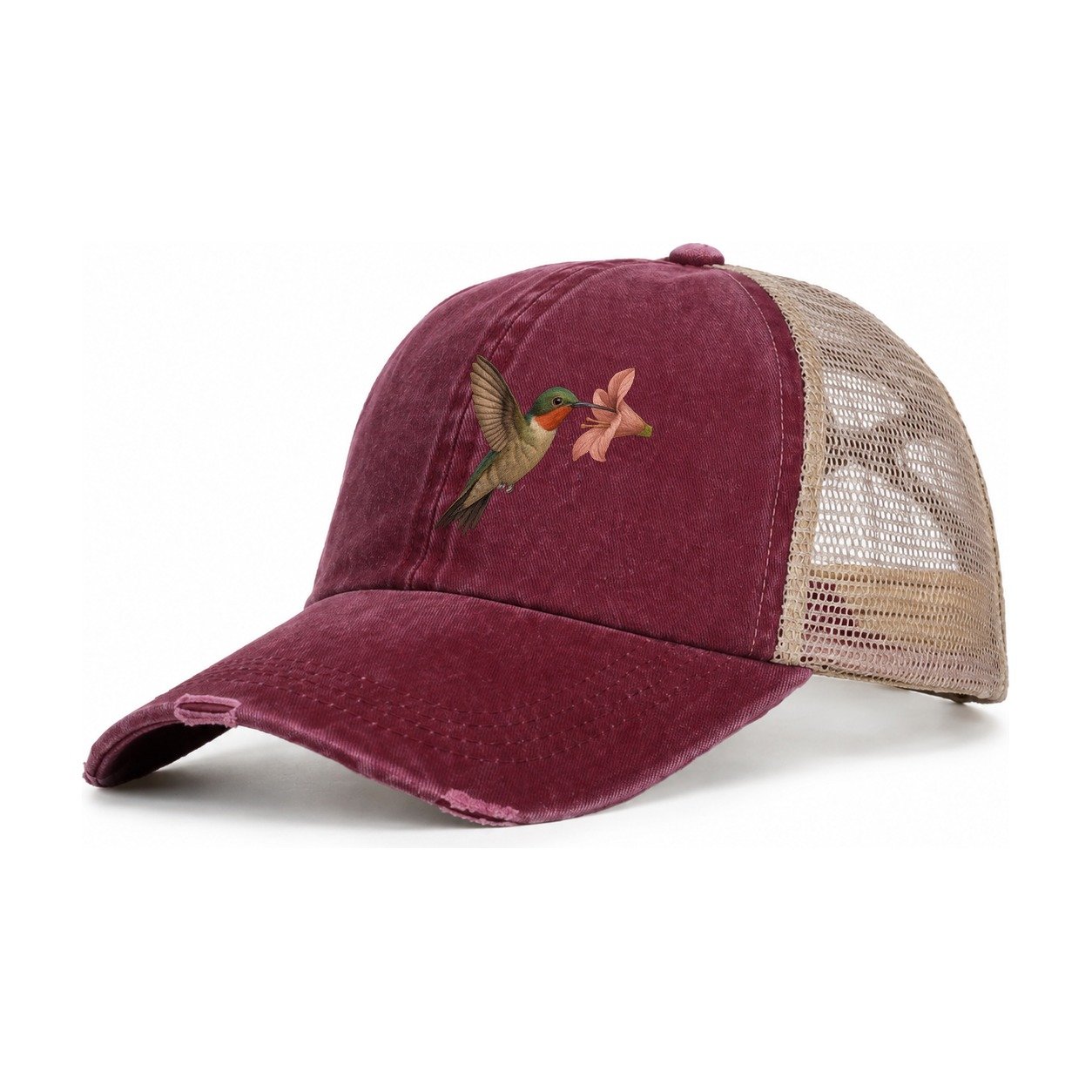 Hummingbird Haven Women's Ponytail Trucker Hat – Burgundy Khaki