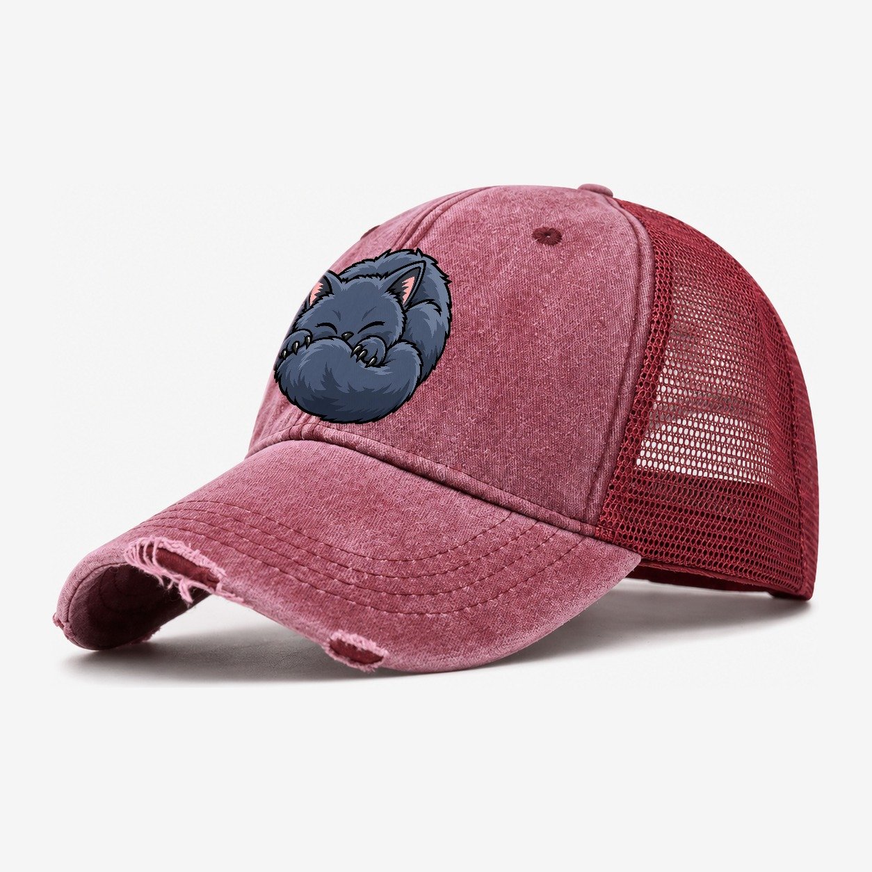 British Shorthair Sleeping Peeking Cats Washed Trucker Hat – Wine Red