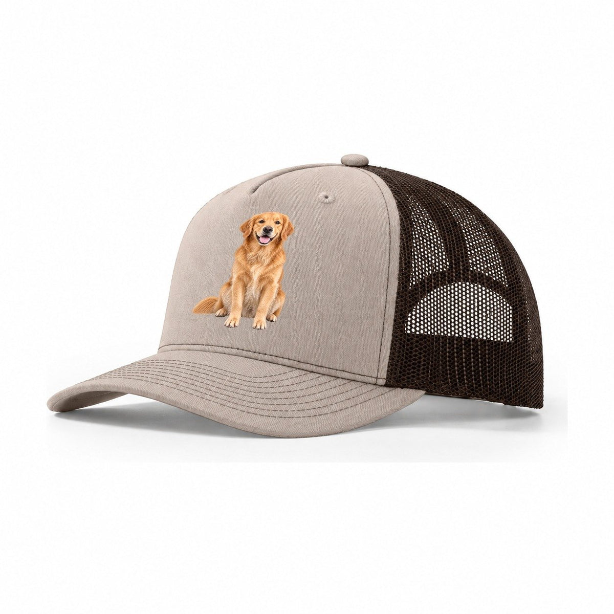 Golden Retriever Sitting Upright Top Breeds Trucker Hat – Khaki Brown