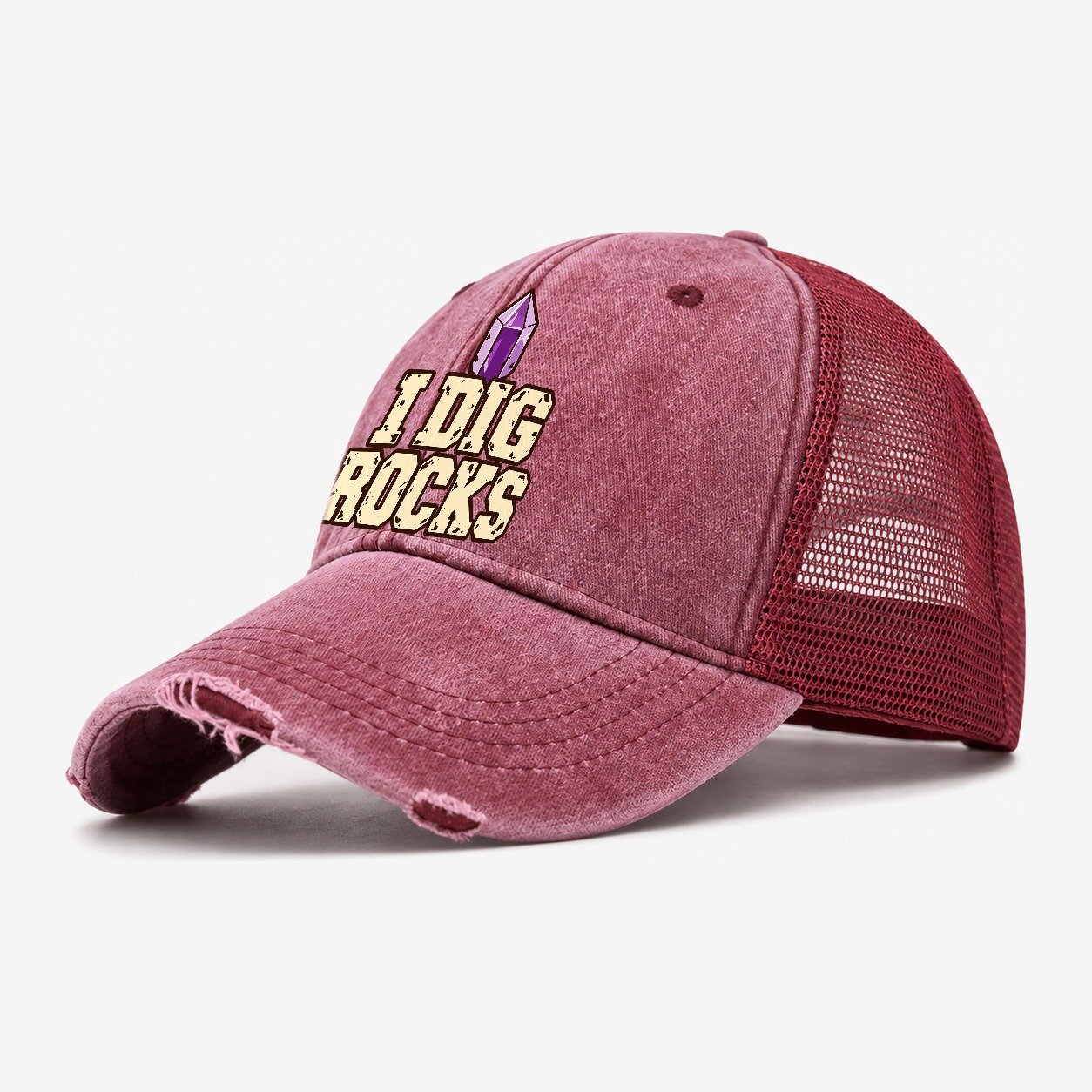 I Dig Rocks Rocks And Minerals Washed Trucker Hat – Wine Red