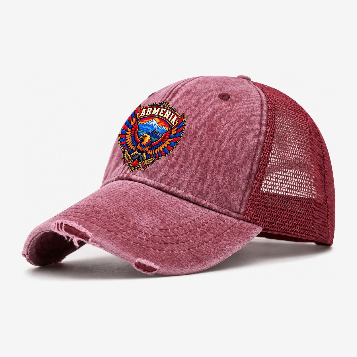 Armenia Retro Badge Country Logos Washed Trucker Hat – Wine Red