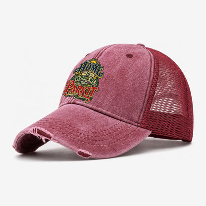 Home Is Where We Park It Retired Living Washed Trucker Hat – Wine Red