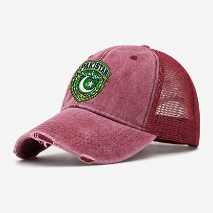 Pakistan Retro Badge Country Logos Washed Trucker Hat – Wine Red