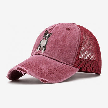 Boston Terrier Sitting Top Breeds Washed Trucker Hat – Wine Red