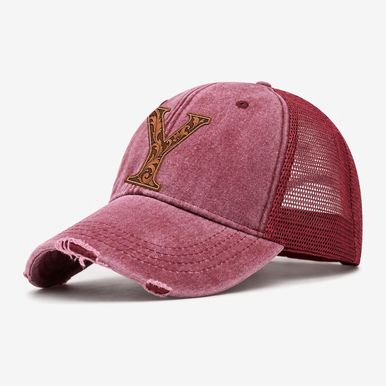 Tooled Leather Y Monogram Washed Trucker Hat – Wine Red