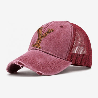 Tooled Leather Y Monogram Washed Trucker Hat – Wine Red