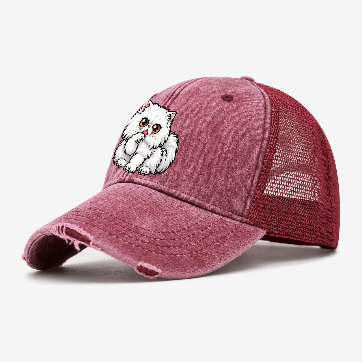 White Persian Grooming Peeking Cats Washed Trucker Hat – Wine Red