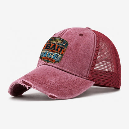 Bait And Ice Station Fishing Club Washed Trucker Hat – Wine Red