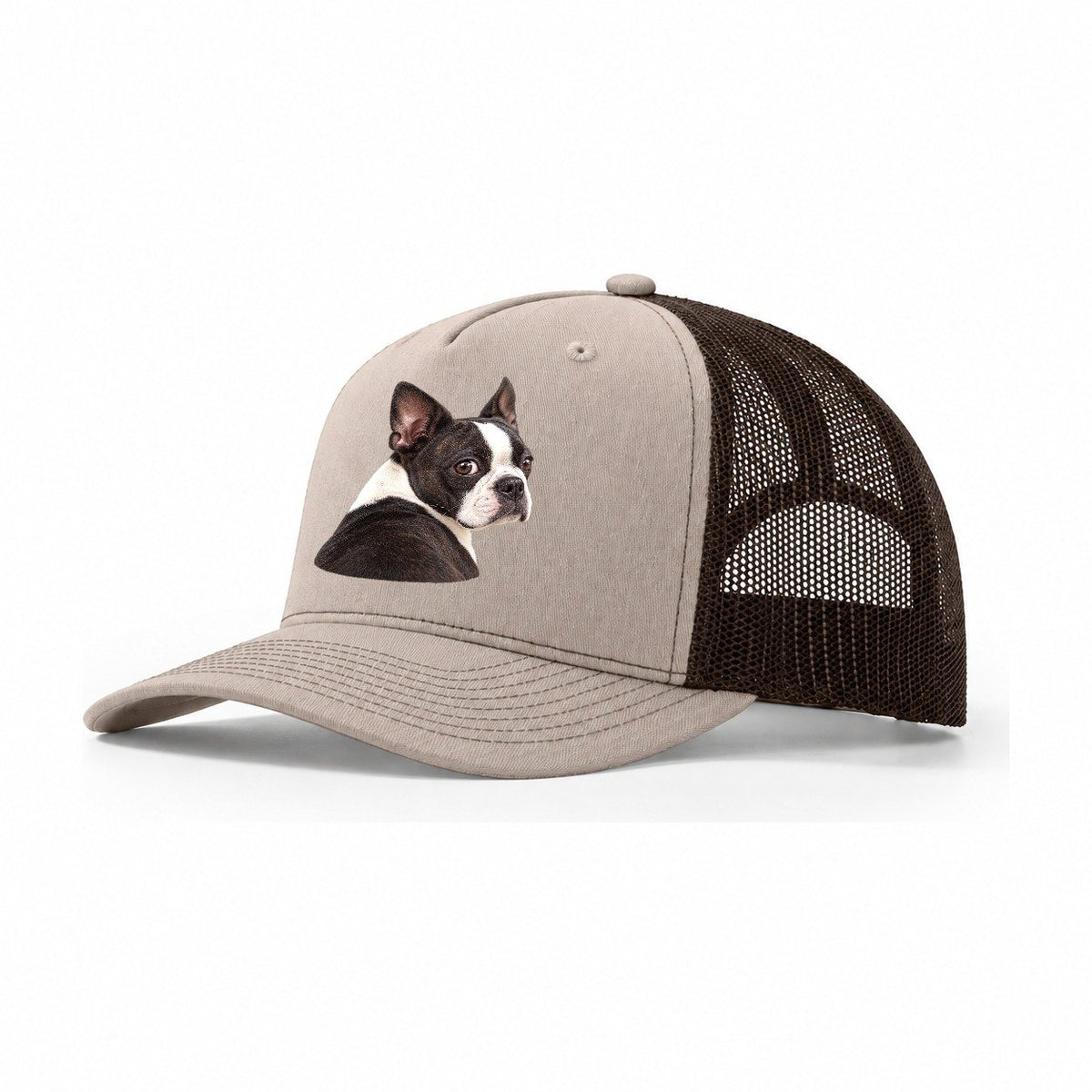 Boston Terrier Over The Shoulder Character Club Trucker Hat – Khaki Brown