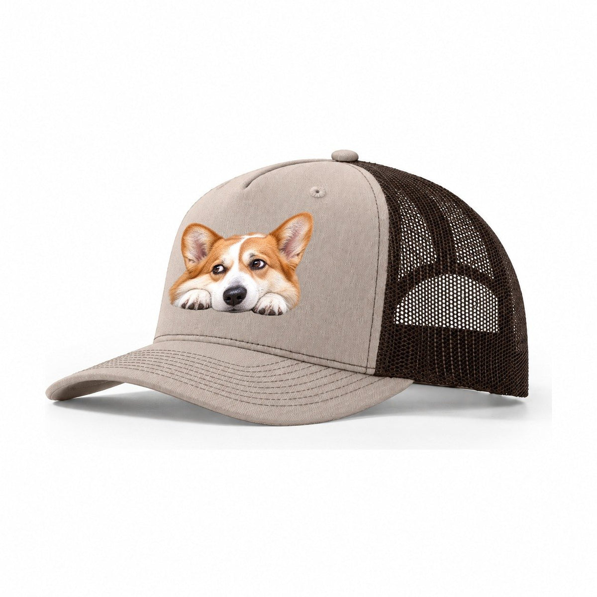 Corgi Resting Chin Character Club Trucker Hat – Khaki Brown